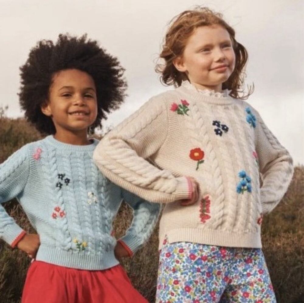 BODEN Girls Harriet Cream Embroidered Floral Cotton Blend Sweater Girls 6-7*